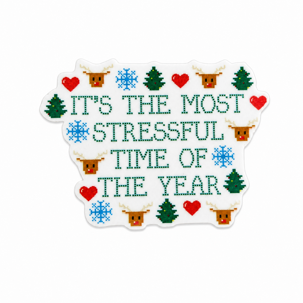 Plastic add-on featuring the text IT'S THE MOST STRESSFUL TIME OF THE YEAR with reindeer, Christmas trees, hearts, and snowflakes, compatible with interchangeable badge reel bases.