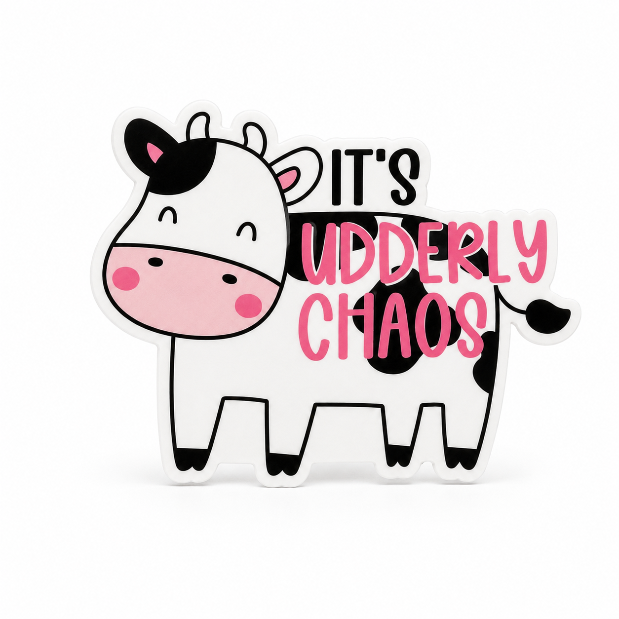 It's Udderly Chaos cow plastic add-on featuring a cute smiling cow with pink lettering, compatible with interchangeable badge reel bases, funny animal accessory
