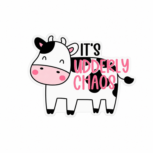 It's Udderly Chaos cow plastic add-on featuring a cute smiling cow with pink lettering, compatible with interchangeable badge reel bases, funny animal accessory