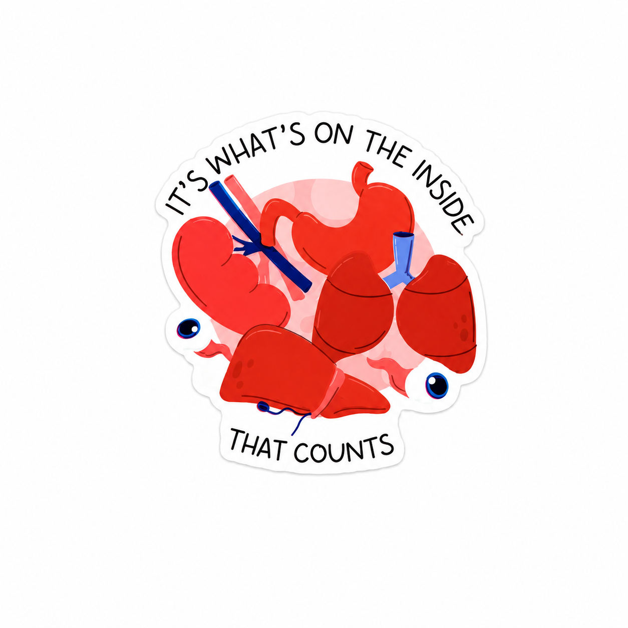IT'S WHAT'S ON THE INSIDE THAT COUNTS plastic add-on with red anatomy-inspired design, compatible with interchangeable badge reel bases.