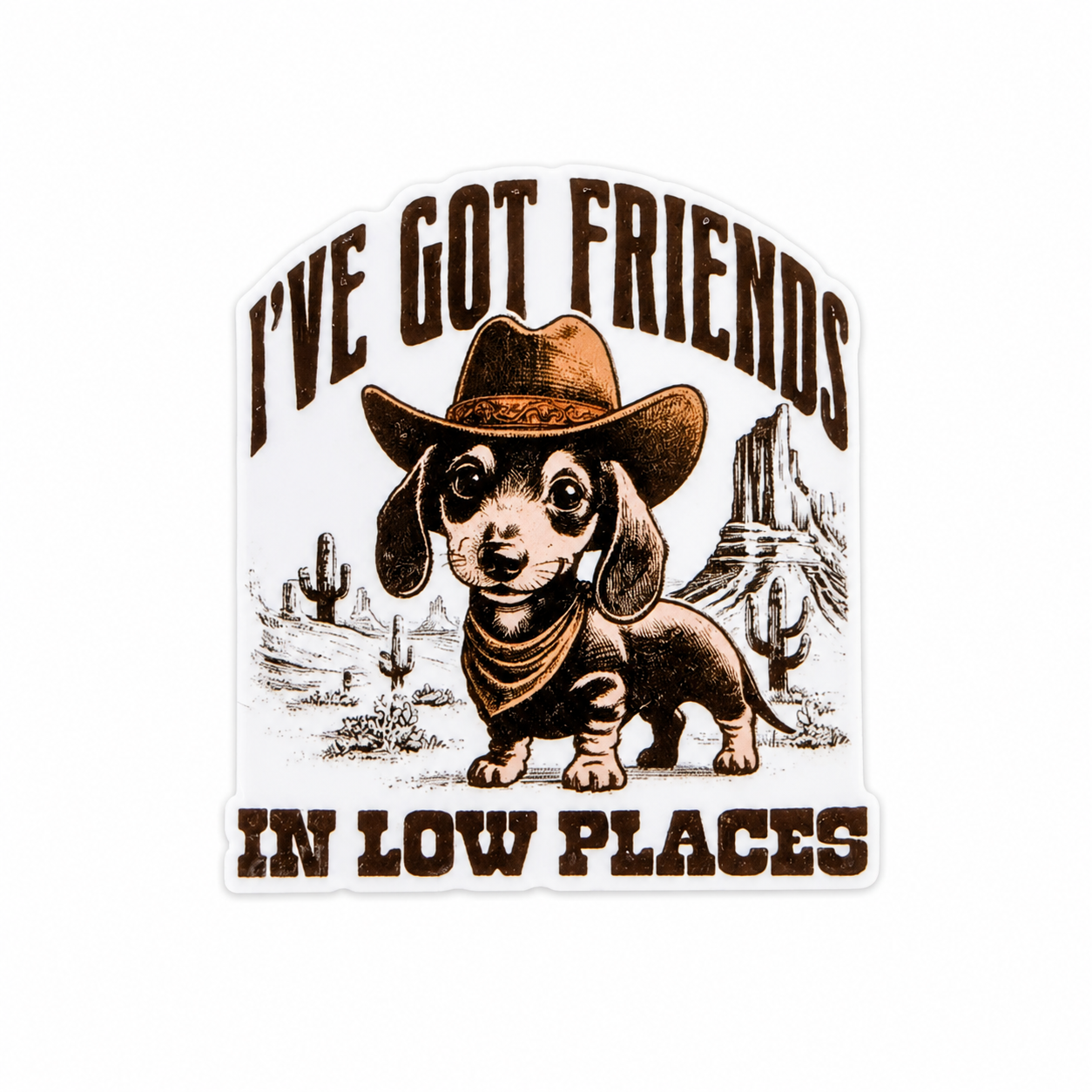 I've Got Friends In Low Places plastic add-on featuring a cowboy wiener dog in a western desert theme, compatible with interchangeable badge reel bases, funny nurse accessory and healthcare worker accessory