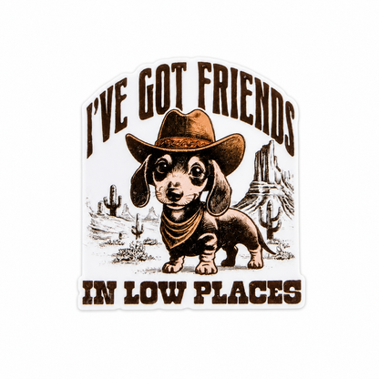 I've Got Friends In Low Places plastic add-on featuring a cowboy wiener dog in a western desert theme, compatible with interchangeable badge reel bases, funny nurse accessory and healthcare worker accessory
