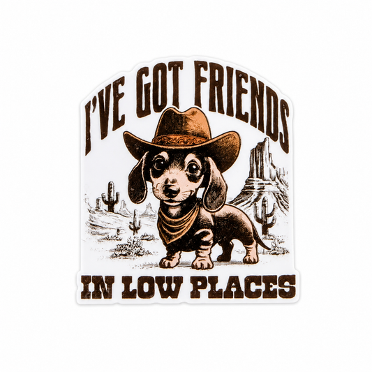 I've Got Friends In Low Places plastic add-on featuring a cowboy wiener dog in a western desert theme, compatible with interchangeable badge reel bases, funny nurse accessory and healthcare worker accessory