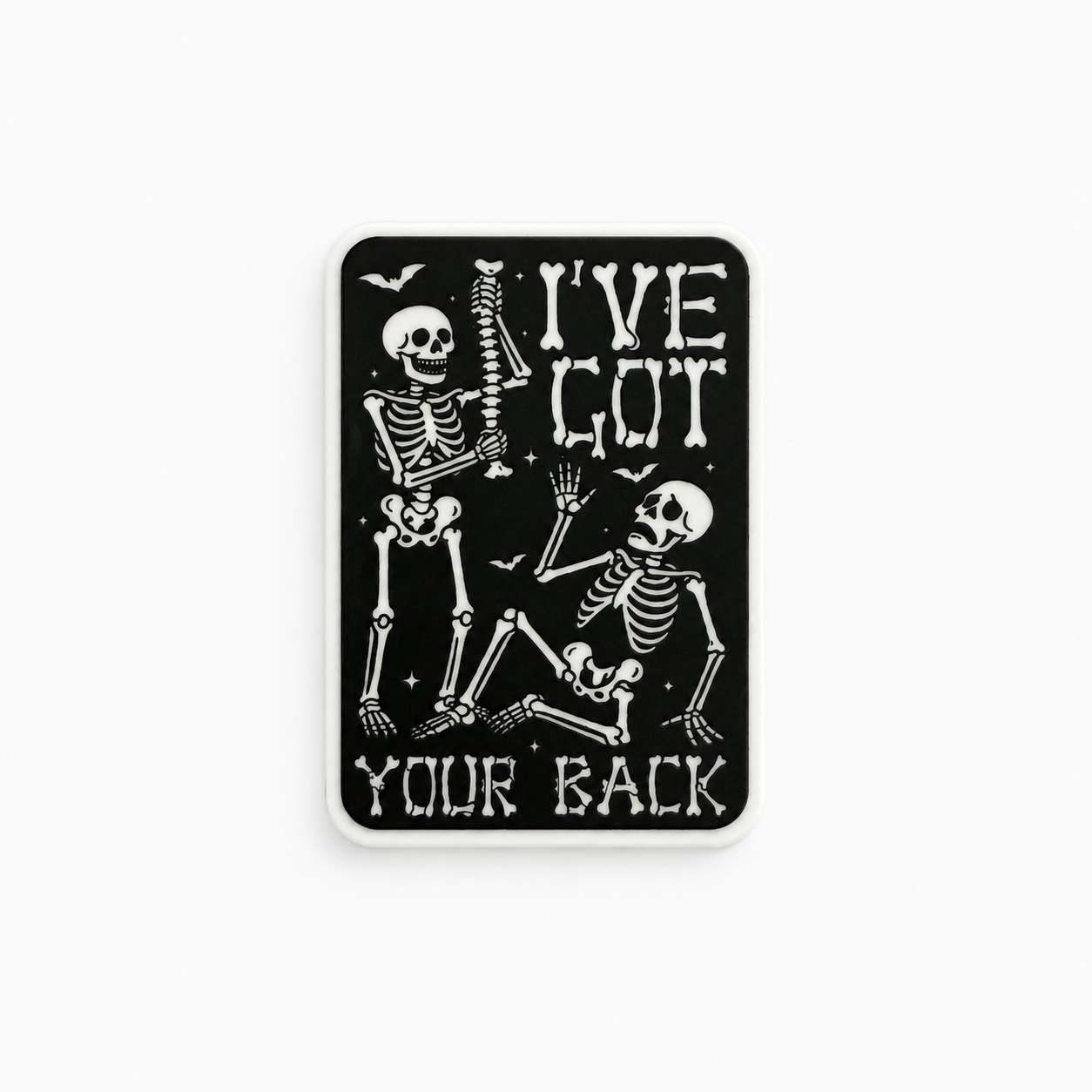 I’ve Got Your Back skeleton plastic add-on with spooky gothic design for compatible interchangeable badge reel bases