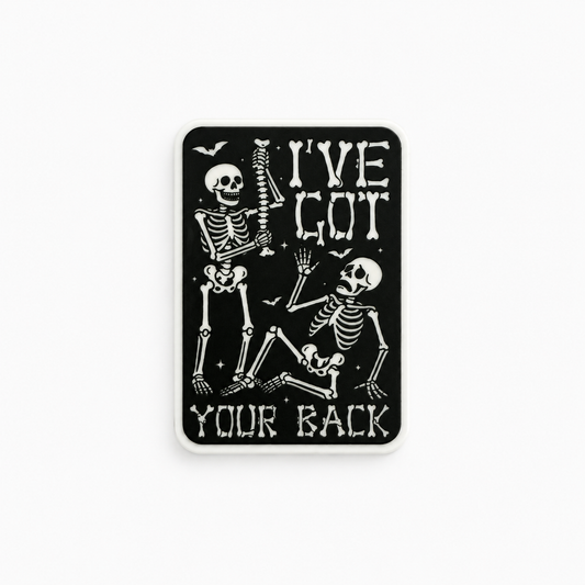 I’ve Got Your Back skeleton plastic add-on with spooky gothic design for compatible interchangeable badge reel bases