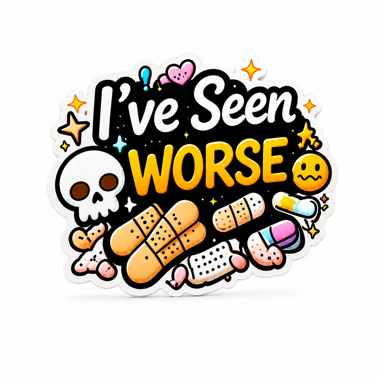I’ve Seen WORSE plastic add-on with colorful bandages, pills, a skull, sparkles, and a worried face, a funny nurse accessory compatible with interchangeable badge reel bases.