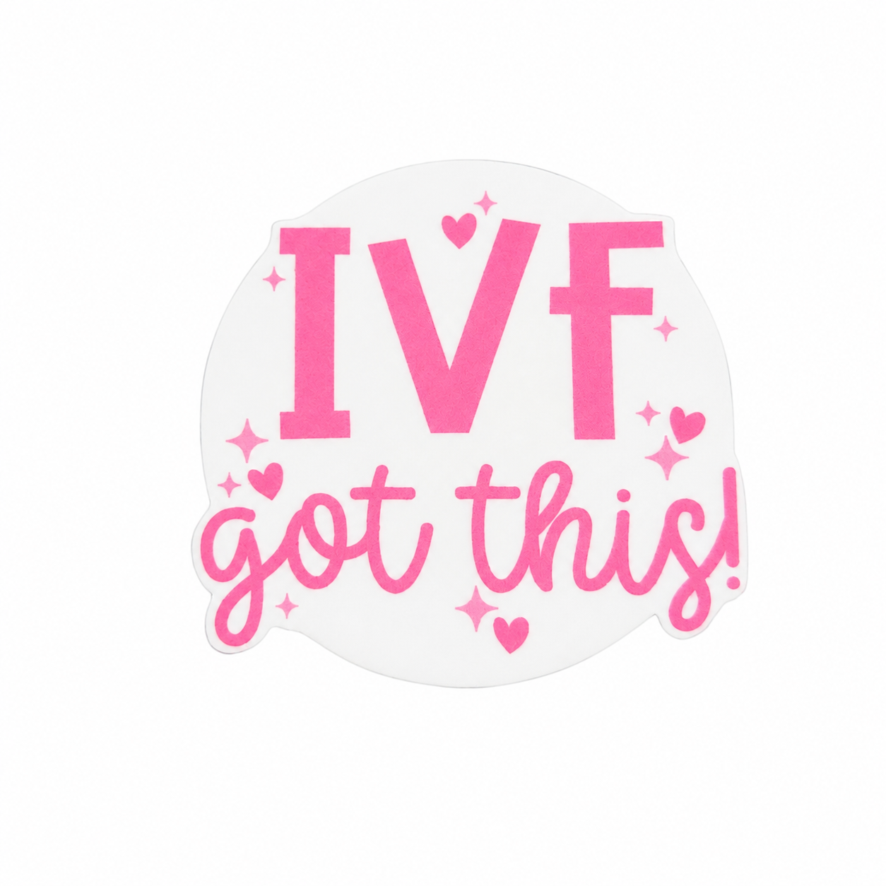IVF got this plastic add-on featuring pink lettering, hearts, and sparkles, compatible with interchangeable badge reel bases, fertility support accessory
