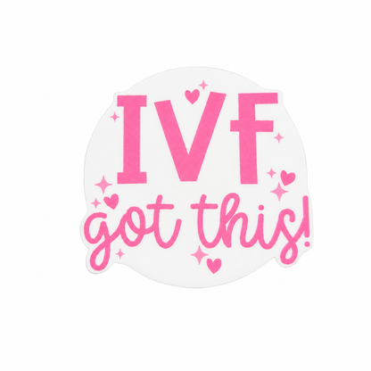IVF got this plastic add-on featuring pink lettering, hearts, and sparkles, compatible with interchangeable badge reel bases, fertility support accessory