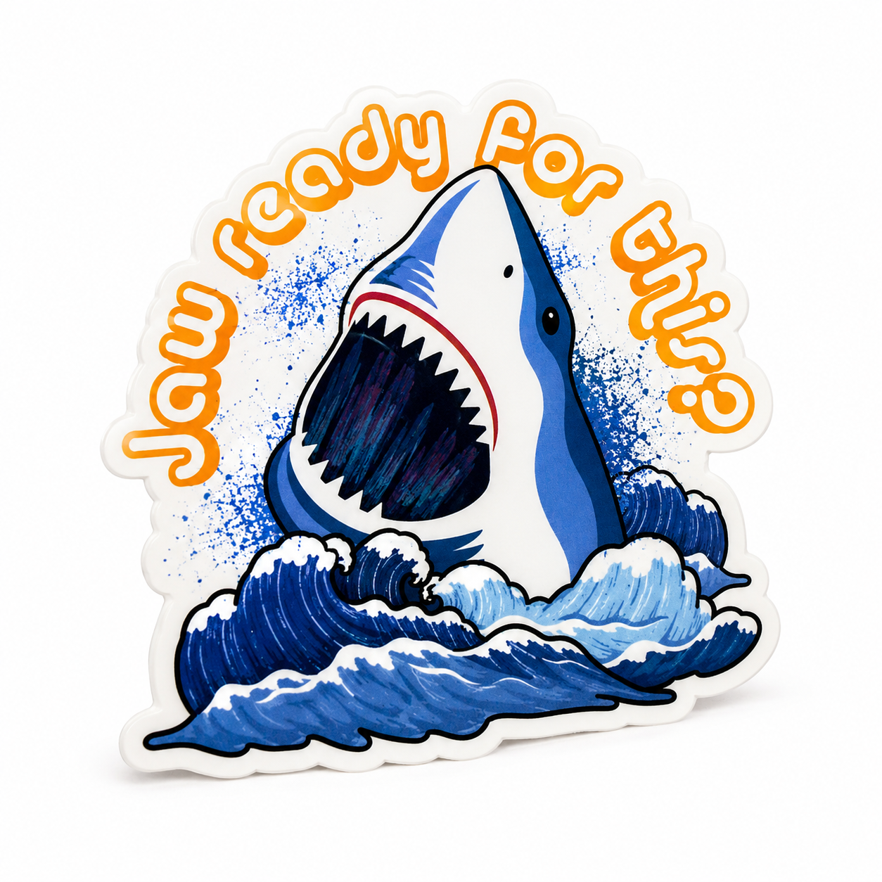 Jaw Ready For This plastic add-on featuring a shark emerging from ocean waves, compatible with interchangeable badge reel bases and perfect for shark lovers