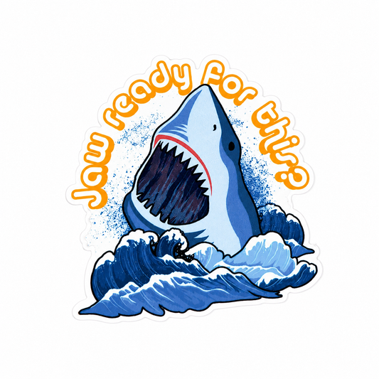 Jaw Ready For This plastic add-on featuring a shark emerging from ocean waves, compatible with interchangeable badge reel bases and perfect for shark lovers
