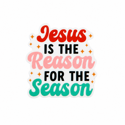 Jesus Is The Reason For The Season plastic add-on with festive Christmas lettering and holiday accents, compatible with interchangeable badge reel bases and Christian accessories
