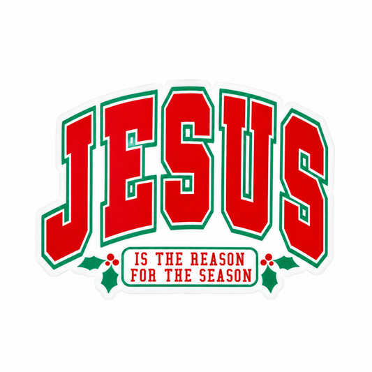 Plastic add-on featuring the phrase JESUS IS THE REASON FOR THE SEASON with festive Christmas lettering and holly accents, compatible with interchangeable badge reel bases.