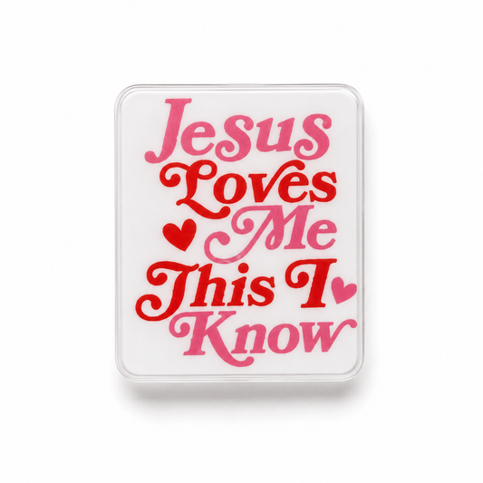 Jesus Loves Me This I Know plastic add-on for compatible interchangeable badge reel bases with pink Valentine design