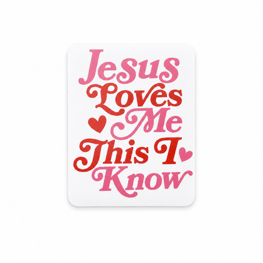 Jesus Loves Me This I Know plastic add-on for compatible interchangeable badge reel bases with pink Valentine design