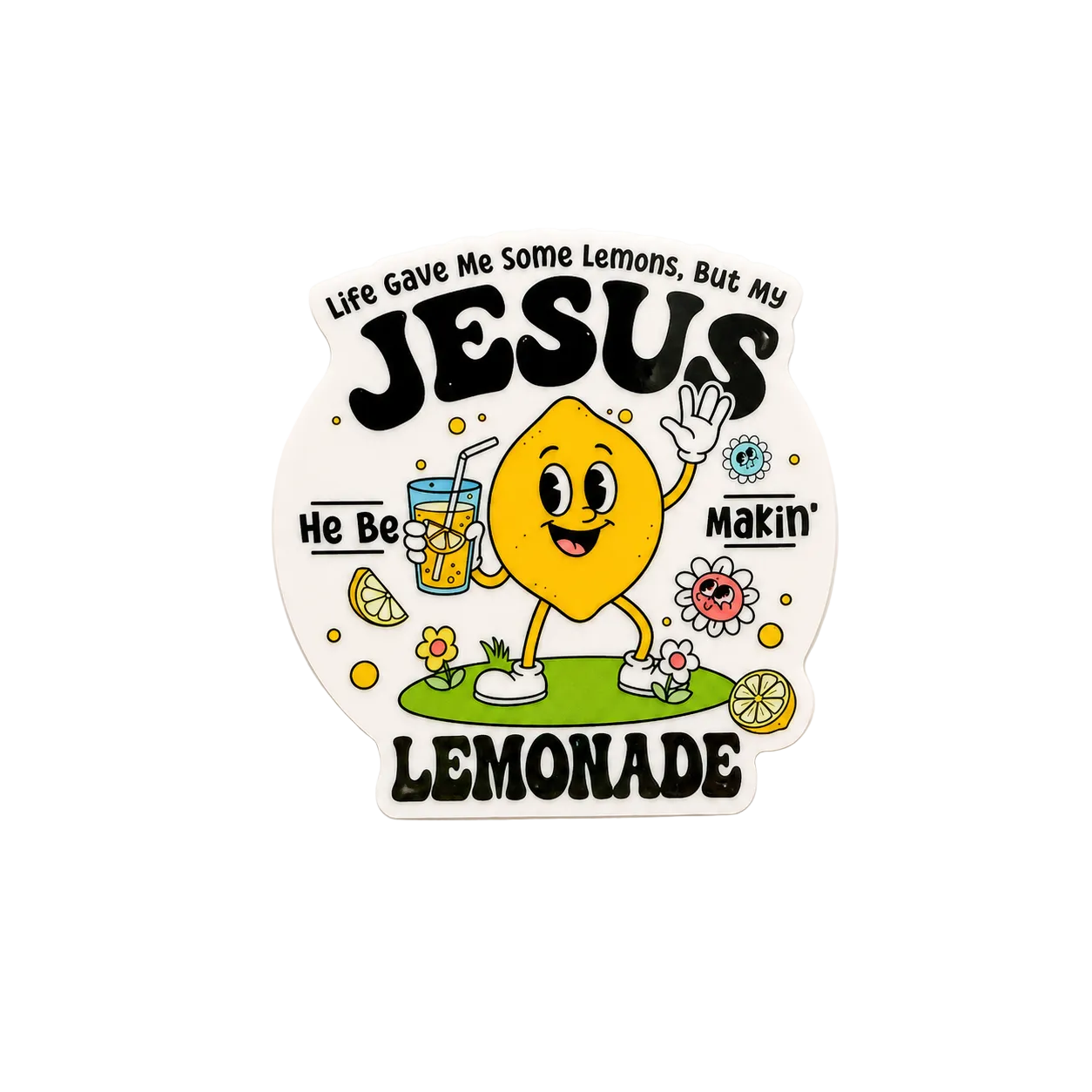 Cute lemon themed plastic add-on for badge reels with uplifting faith inspired lemonade quote design