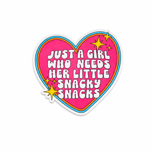 Just a Girl Who Needs Her Little Snacky Snacks pink heart plastic add-on with rainbow details for compatible interchangeable badge reel bases