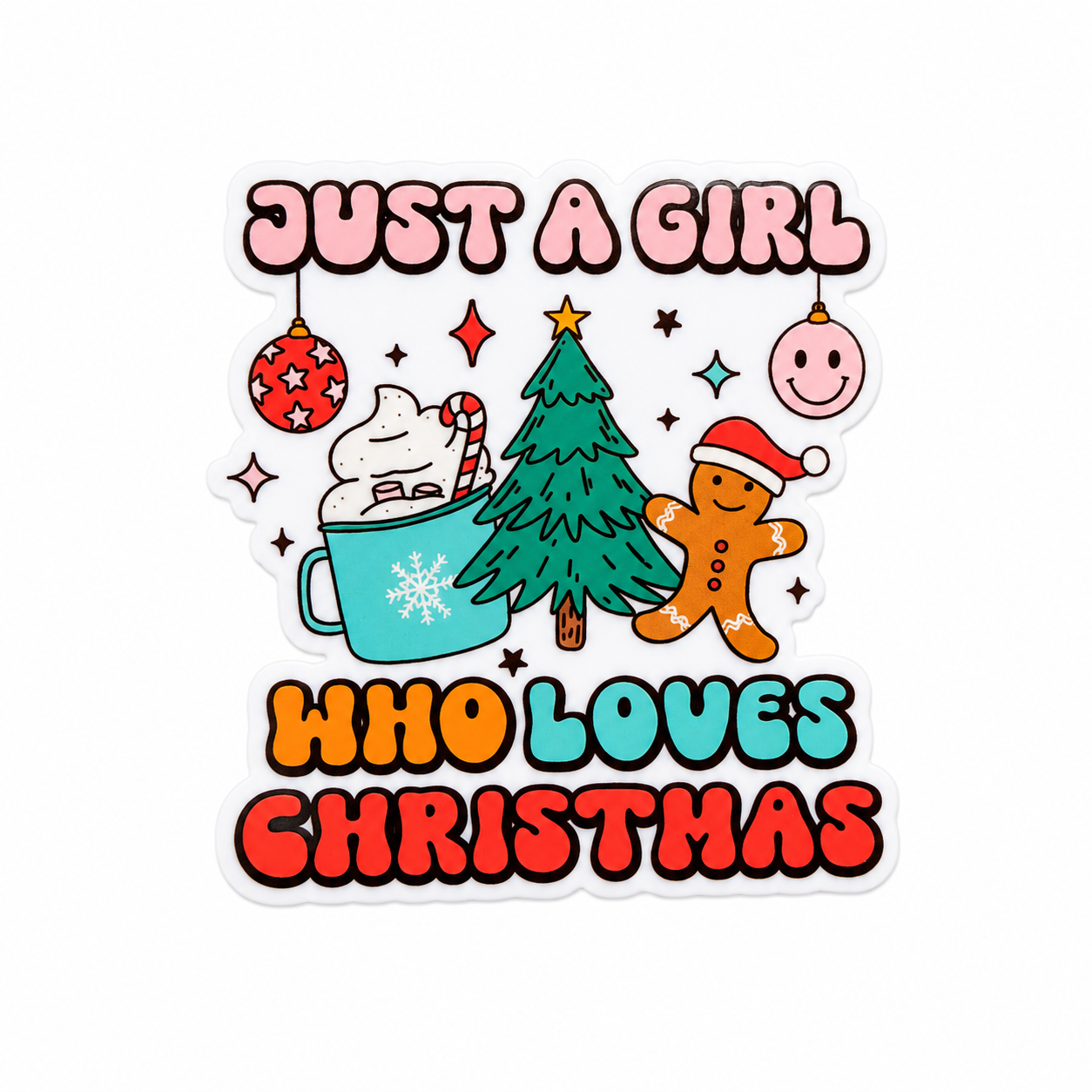 Just a Girl Who Loves Christmas plastic add-on with Christmas tree, gingerbread, hot cocoa, and ornament, compatible with interchangeable badge reel bases.