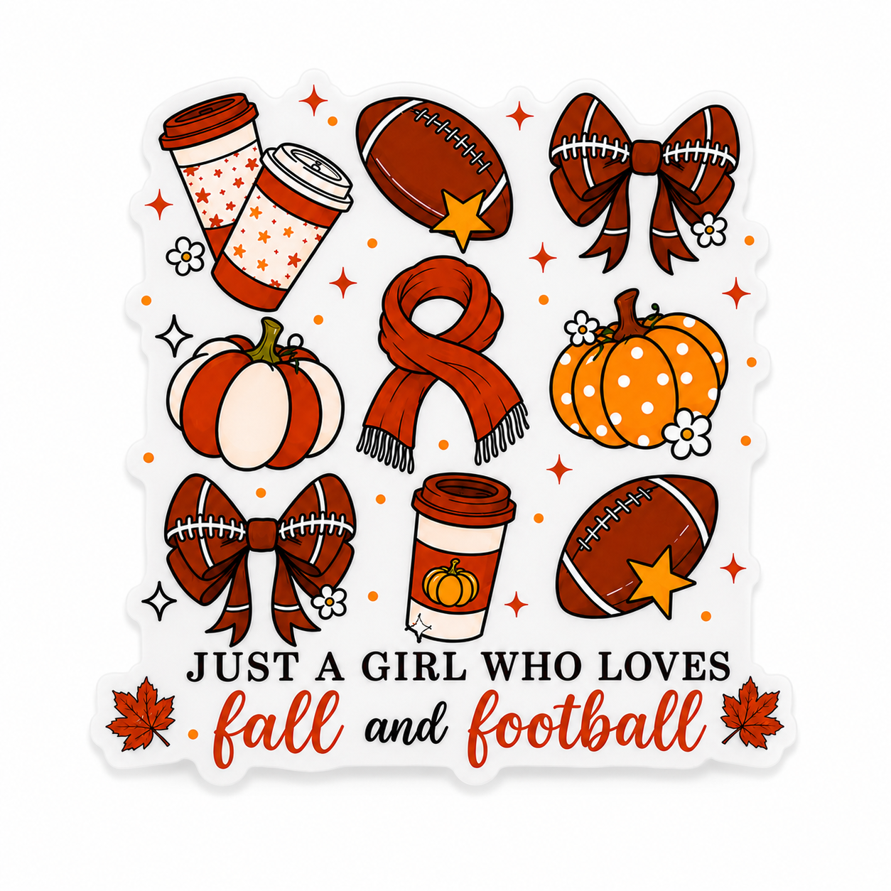Just A Girl Who Loves Fall and Football plastic add-on with footballs, pumpkins, coffee cups, bows, scarf, and autumn leaves, compatible with interchangeable badge reel bases.