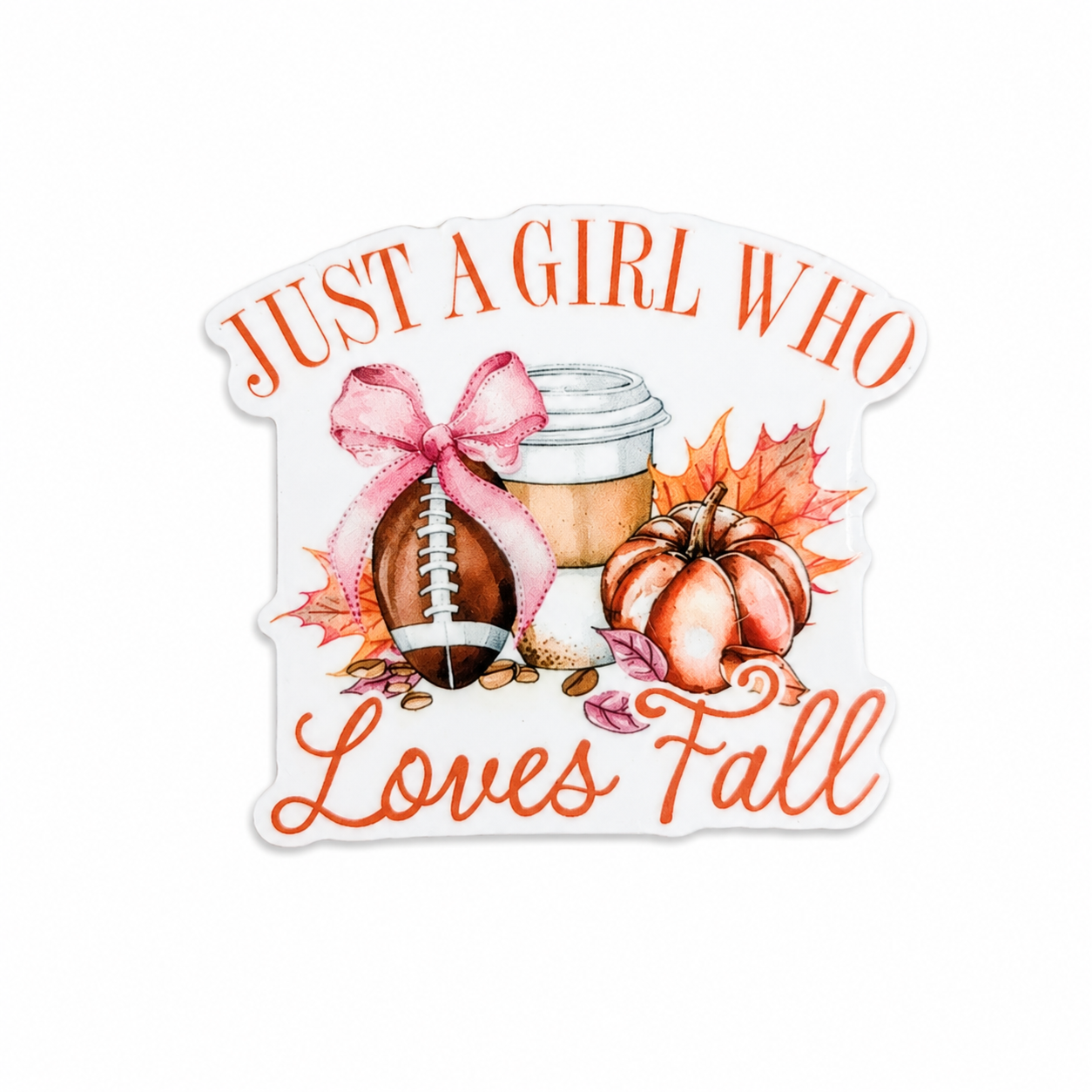 Just A Girl Who Loves Fall plastic add-on featuring a football, coffee cup, pumpkins, pink bow, and autumn leaves compatible with interchangeable badge reel bases