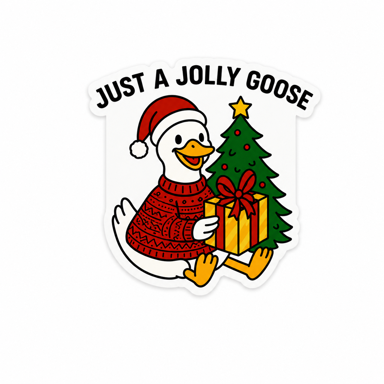 Just A Jolly Goose plastic add-on featuring a festive goose in a Christmas sweater with presents and tree for compatible interchangeable badge reel bases.