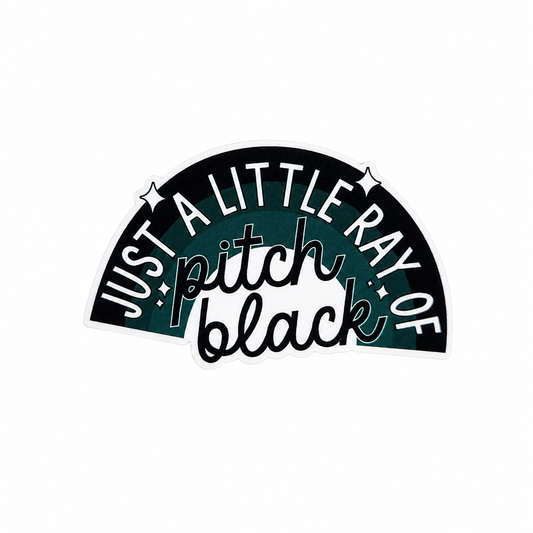 Just A Little Ray Of Pitch Black plastic add-on featuring a dark rainbow design with sparkles, compatible with interchangeable badge reel bases, funny gothic humor badge topper