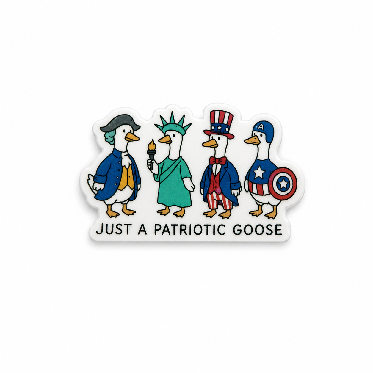 Just a Patriotic Goose durable plastic shoe charm featuring funny patriotic geese in red white and blue themed outfits