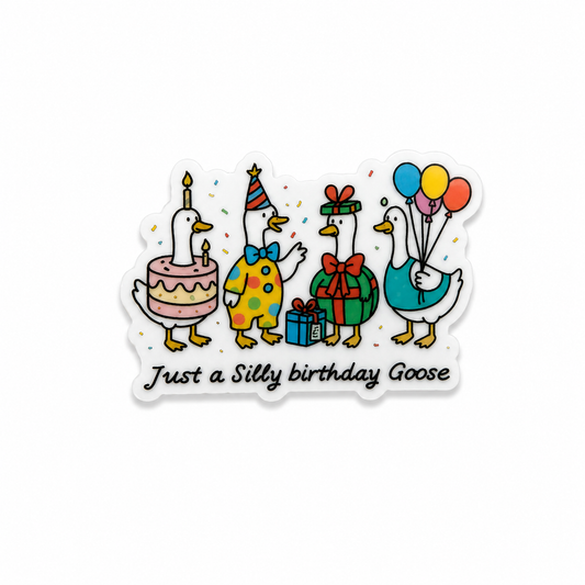 Just a Silly Birthday Goose durable plastic shoe charm featuring cute geese with balloons cake gifts and party hats