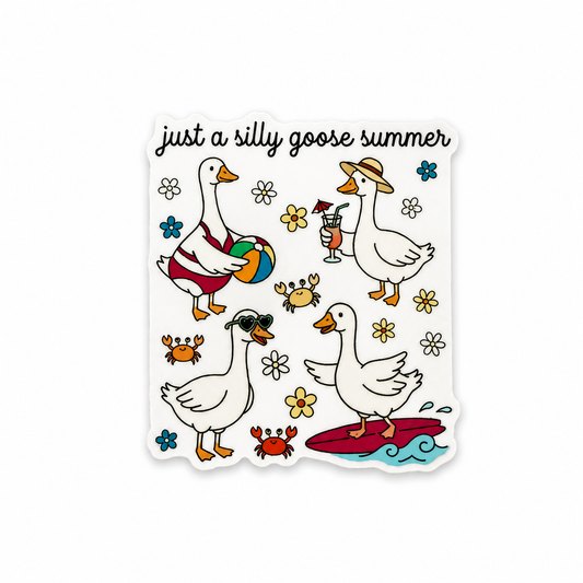 Just a Silly Goose Summer plastic add-on featuring cute beach geese, flowers, surfboard, and summer aesthetic artwork compatible with interchangeable badge reel bases