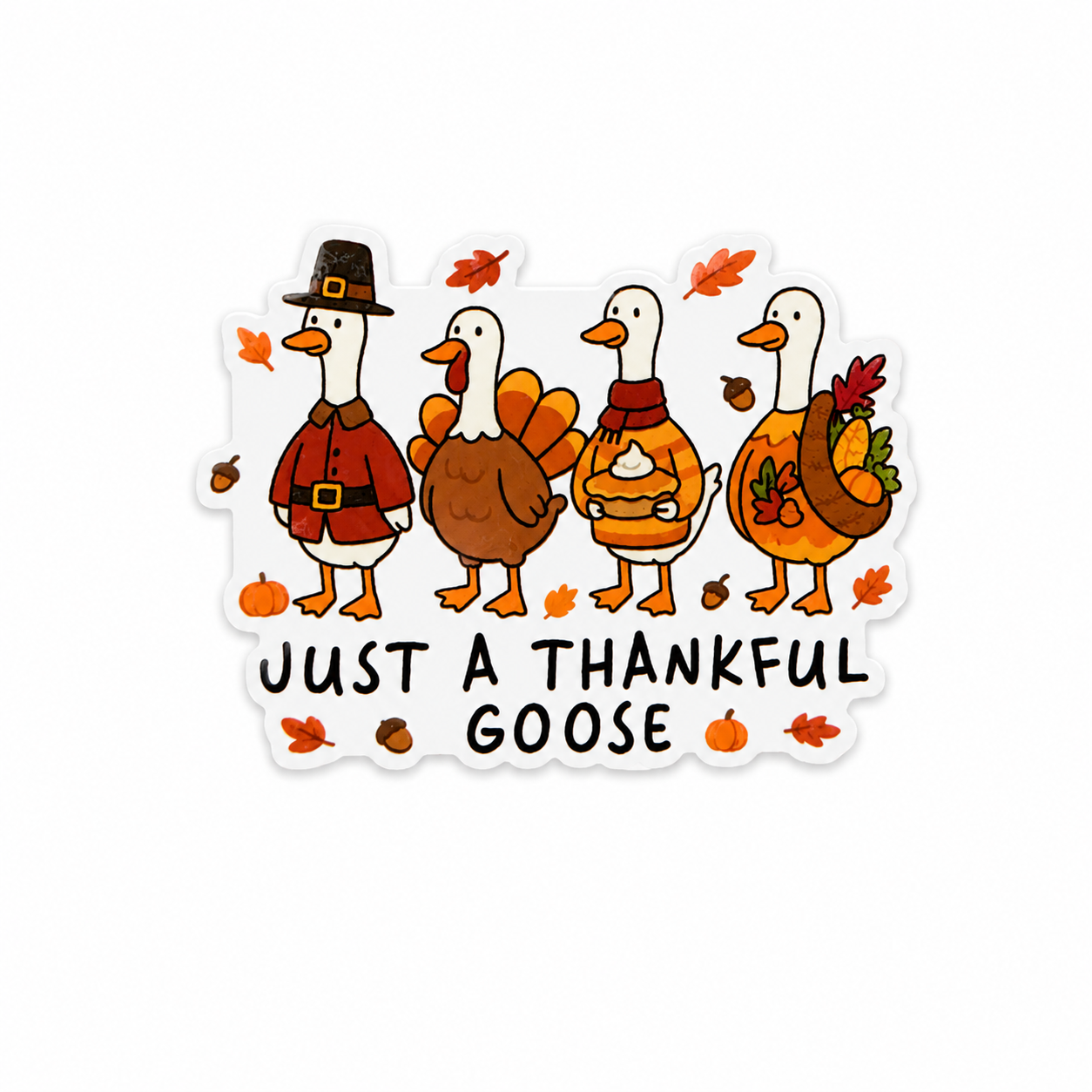Just a Thankful Goose plastic add-on featuring festive geese in cozy Thanksgiving outfits compatible with interchangeable badge reel bases for nurses and healthcare workers.