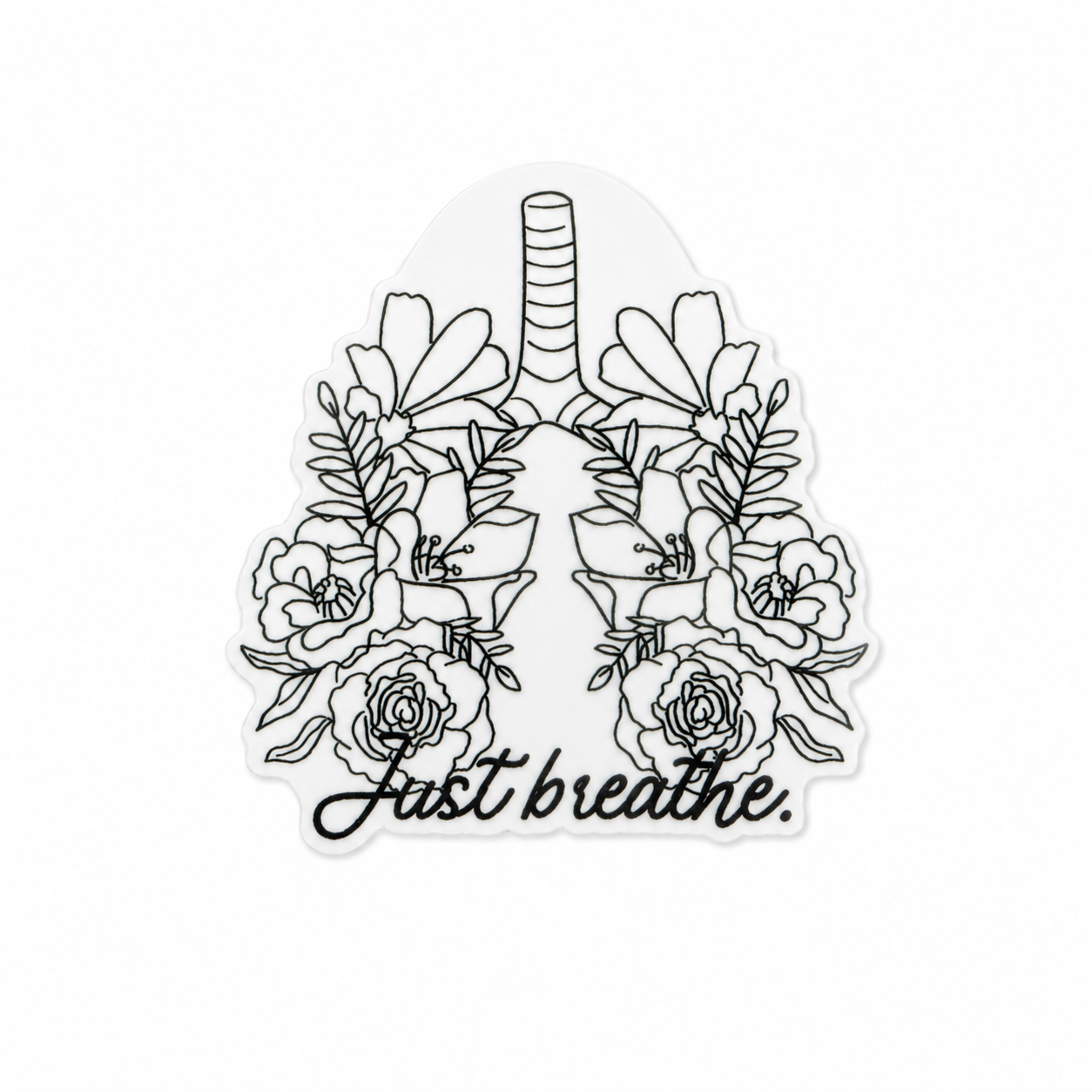 Just breathe plastic add-on featuring floral lungs and inspirational respiratory therapy artwork, compatible with interchangeable badge reel bases and ideal for respiratory therapists.
