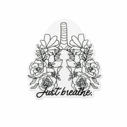 Just breathe plastic add-on featuring floral lungs and inspirational respiratory therapy artwork, compatible with interchangeable badge reel bases and ideal for respiratory therapists.