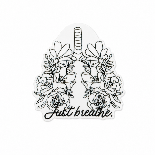 Just breathe plastic add-on featuring floral lungs and inspirational respiratory therapy artwork, compatible with interchangeable badge reel bases and ideal for respiratory therapists.