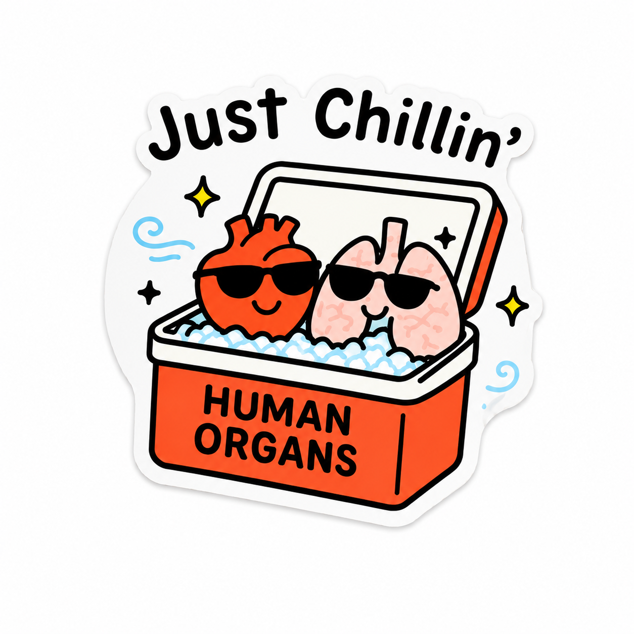 Just Chillin plastic add-on featuring cute human organs relaxing in a cooler for compatible interchangeable badge reel bases