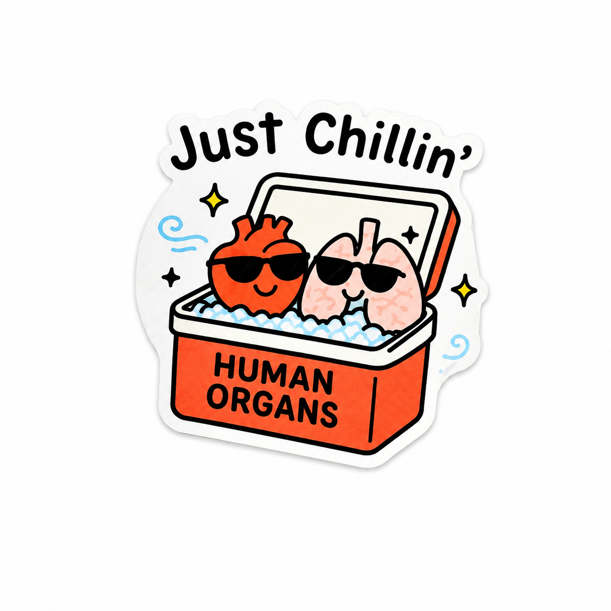 Just Chillin plastic add-on featuring cute human organs relaxing in a cooler for compatible interchangeable badge reel bases