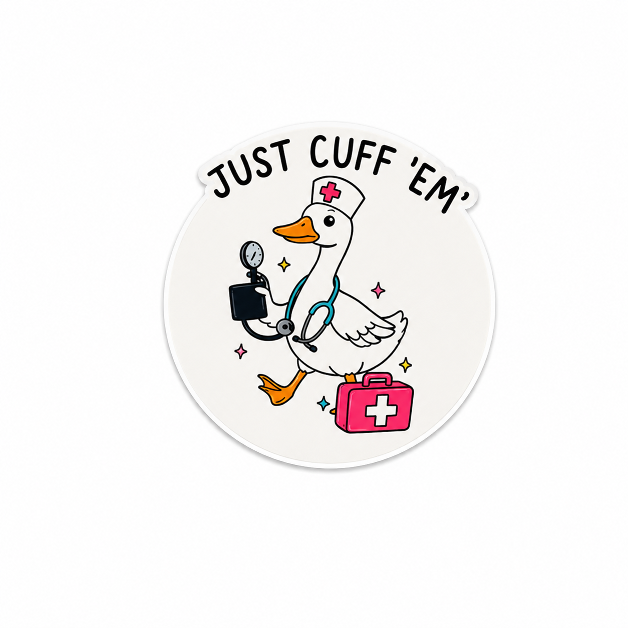 Just Cuff ’Em goose nurse plastic add-on with funny medical humor design compatible with interchangeable badge reel bases