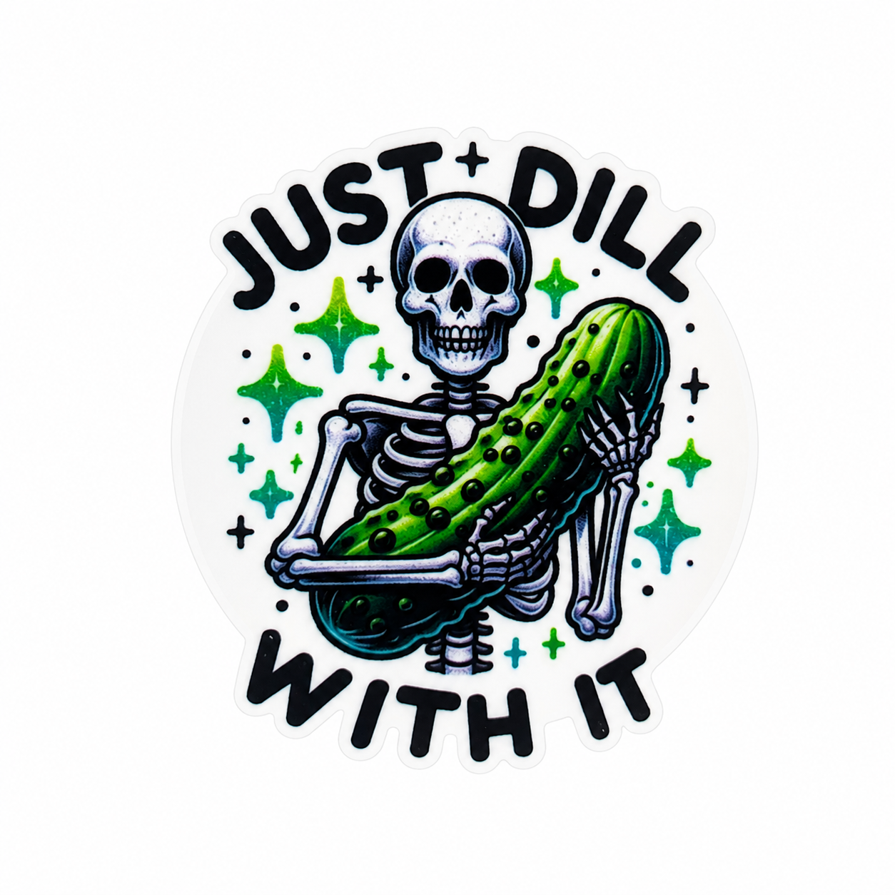 Just Dill With It plastic add-on featuring a skeleton holding a pickle, compatible with interchangeable badge reel bases, funny pickle lover accessory