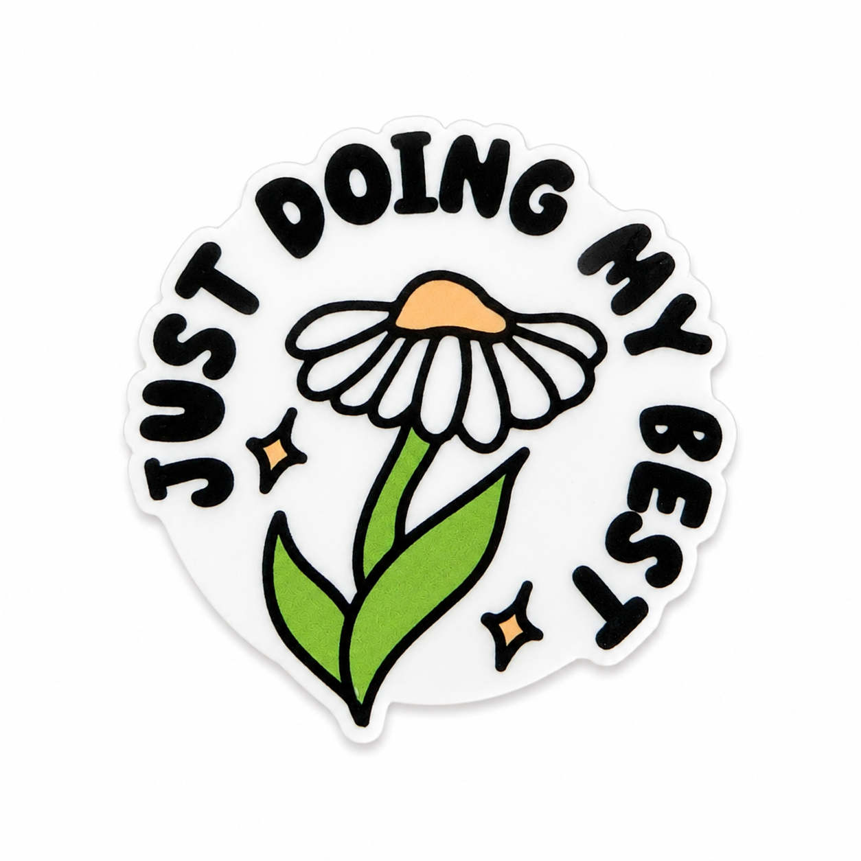 Just Doing My Best plastic add-on featuring a daisy flower and sparkles, compatible with interchangeable badge reel bases, positive floral work accessory and uplifting gift.