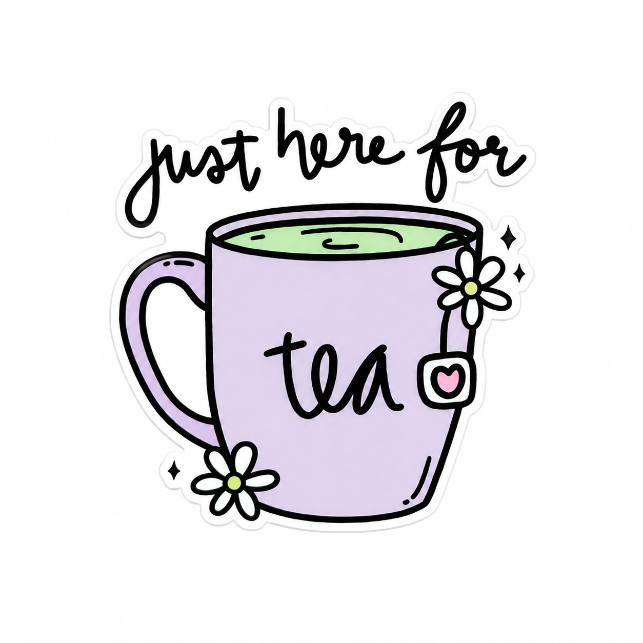 Just Here for Tea plastic add-on featuring a pastel tea mug, daisy flowers, and tea bag charm, compatible with interchangeable badge reel bases and perfect for tea lovers