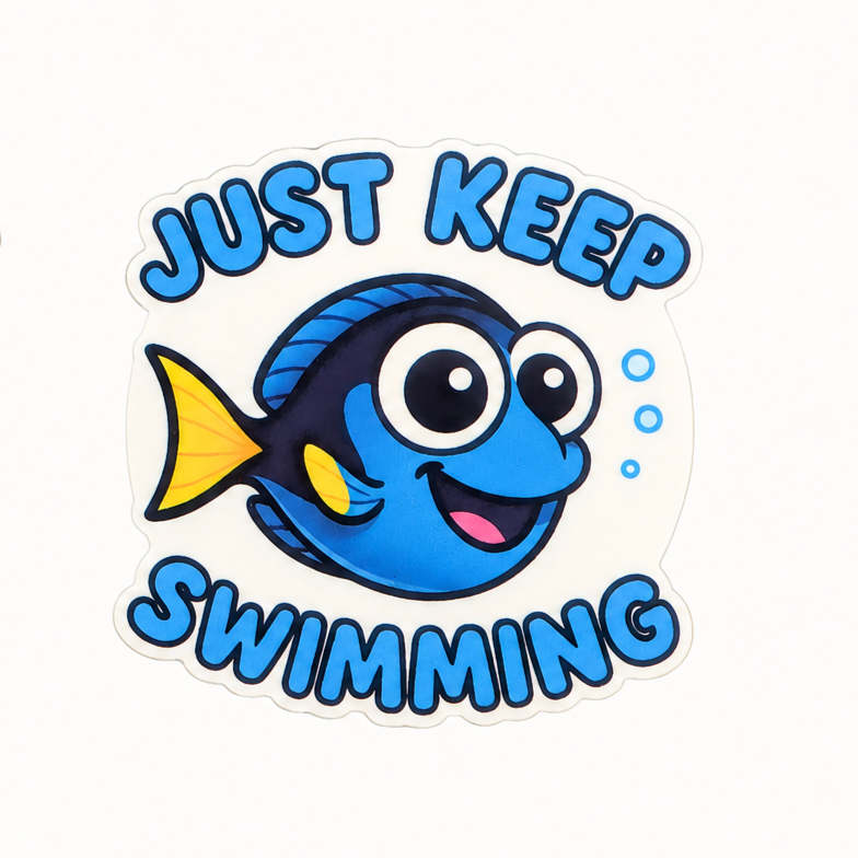 “Just Keep Swimming” fish plastic add-on with cute ocean-themed design compatible with interchangeable badge reel bases