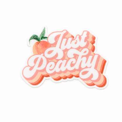 Just Peachy plastic add-on with peach graphic and pink peach lettering, compatible with interchangeable badge reel bases for cute peach accessory style.