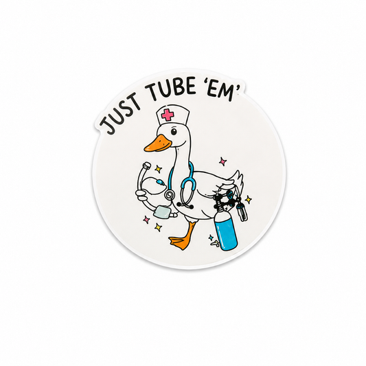 Just Tube ’Em goose nurse plastic add-on with medical humor design compatible with interchangeable badge reel bases