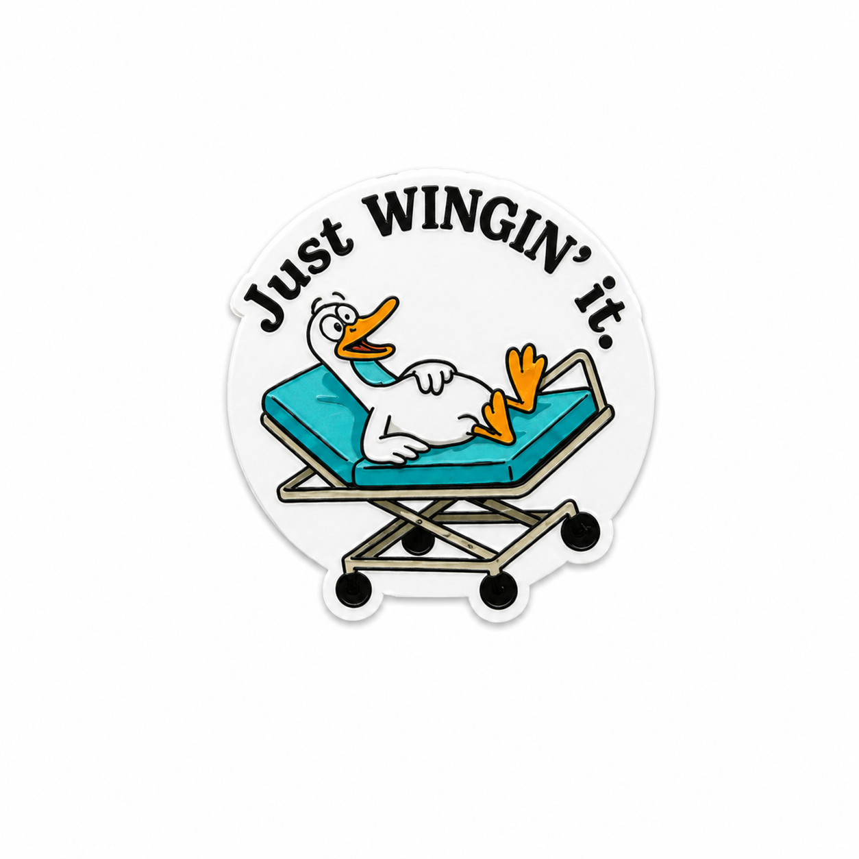 Just Wingin’ It goose plastic add-on with funny stretcher design, made as a cute emergency medicine work accessory compatible with interchangeable badge reel bases
