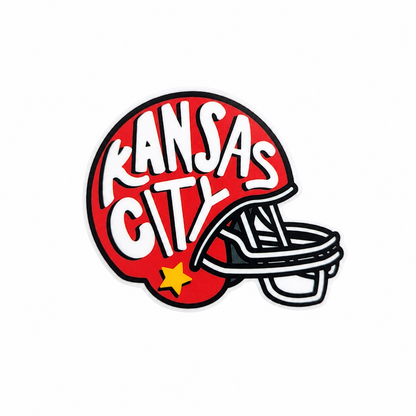 KANSAS CITY plastic add-on featuring a red football helmet design, compatible with interchangeable badge reel bases and perfect for football fans and game day accessories.