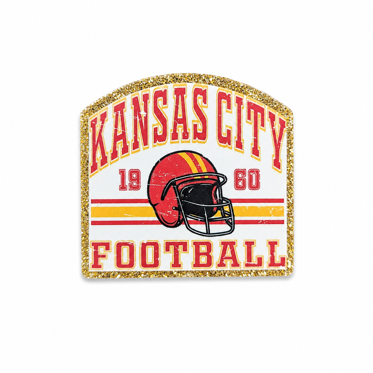 KANSAS CITY FOOTBALL plastic add-on featuring a vintage football helmet and gold glitter-inspired border, compatible with interchangeable badge reel bases and perfect for football fans.