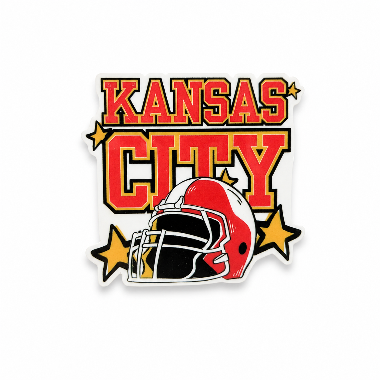 KANSAS CITY plastic add-on featuring a football helmet and star accents, compatible with interchangeable badge reel bases, perfect for football fans and game day accessories.