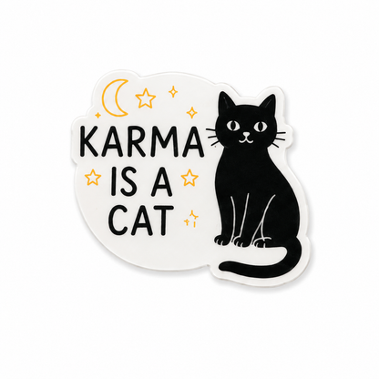 Karma Is a Cat plastic add-on featuring a black cat with moon and star details compatible with interchangeable badge reel bases