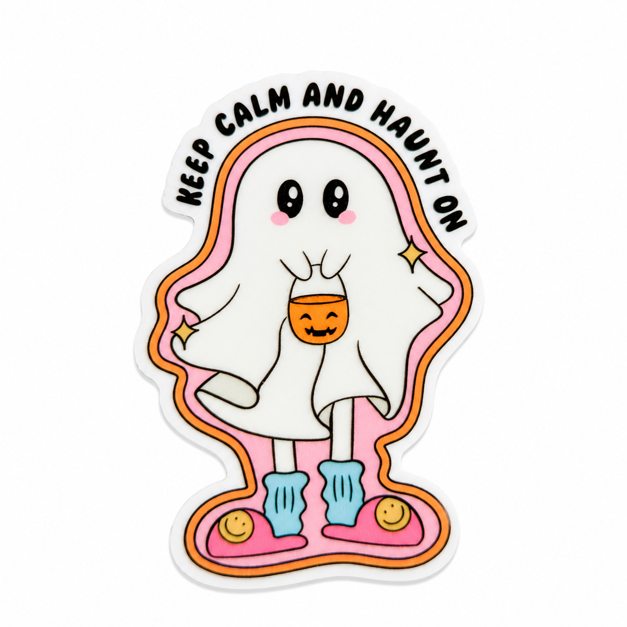 KEEP CALM AND HAUNT ON plastic add-on with cute ghost, pumpkin bucket, and pastel Halloween design, compatible with interchangeable badge reel bases, Halloween work badge accessory.