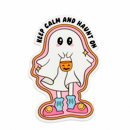KEEP CALM AND HAUNT ON plastic add-on with cute ghost, pumpkin bucket, and pastel Halloween design, compatible with interchangeable badge reel bases, Halloween work badge accessory.
