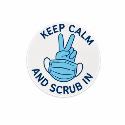 Keep Calm and Scrub In plastic add-on with blue surgical mask and peace sign hand design, made as a cute healthcare work accessory compatible with interchangeable badge reel bases