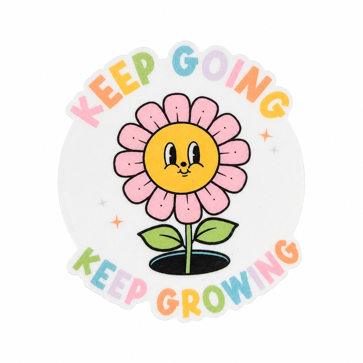KEEP GOING KEEP GROWING plastic add-on featuring a smiling pastel flower with colorful lettering, compatible with interchangeable badge reel bases and inspirational floral accessories